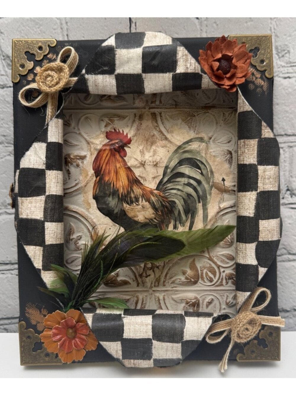 Rustic Rooster Wall Art Checkerboard Farmhouse Busted Canvas 8x10